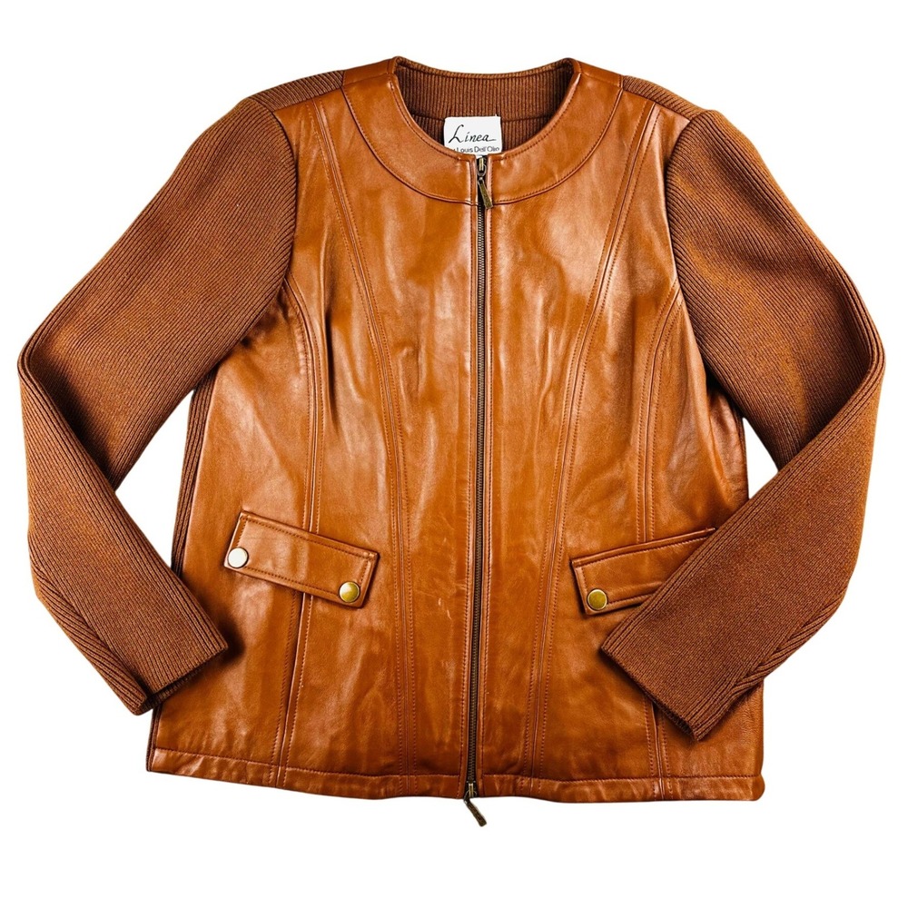 Linea Louis Dell'Olio Leather Jacket Women 12 Brown Ribbed Knit Full Zip Pockets